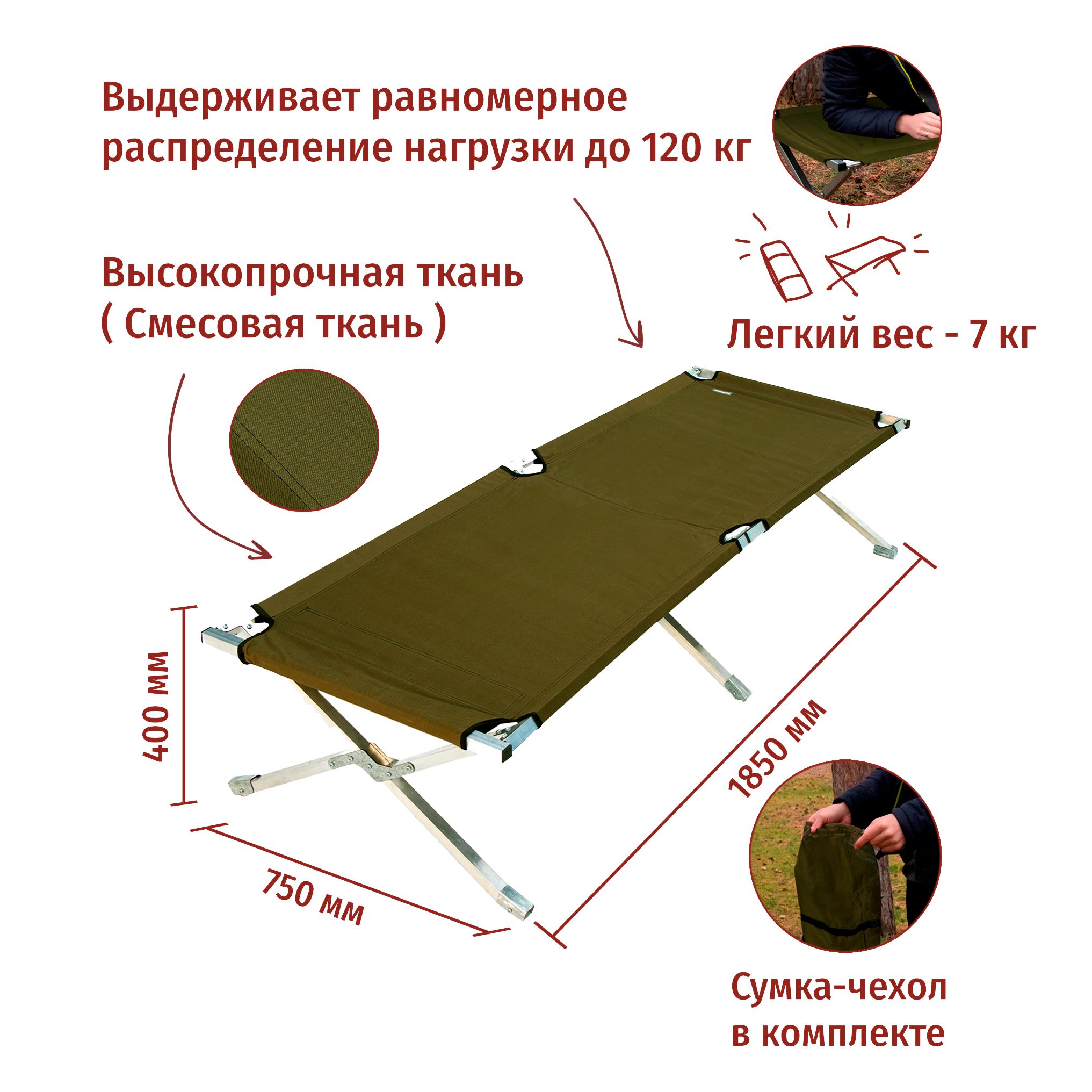 Туристическаяраскладушка1850х750х400мм.Алюминиевая.