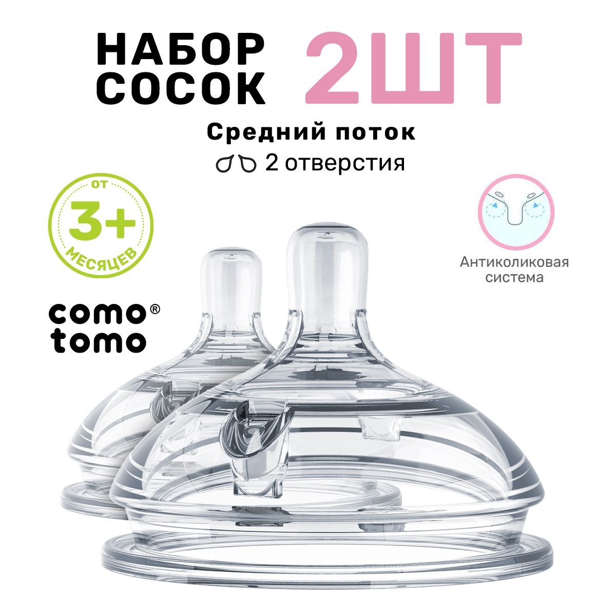 Соска для бутылочек Comotomo Natural Nipple Packs силиконовая набор от 3 мес