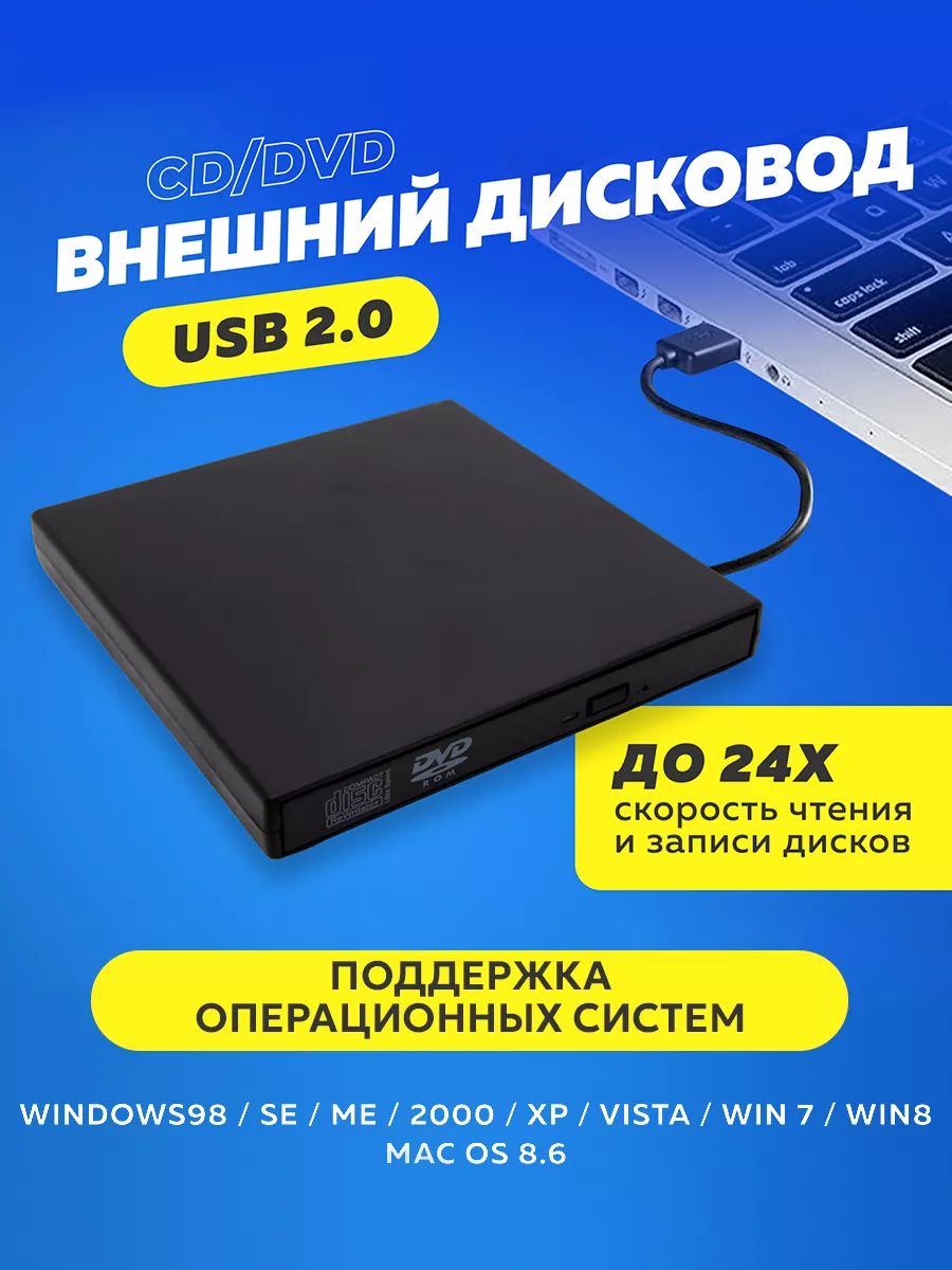 Внешнийдисковод(оптическийпривод)CD/DVD-USB2.0-черный(дляноутбука,компьютераит.д.)-CD-rom/DVDром,CDром