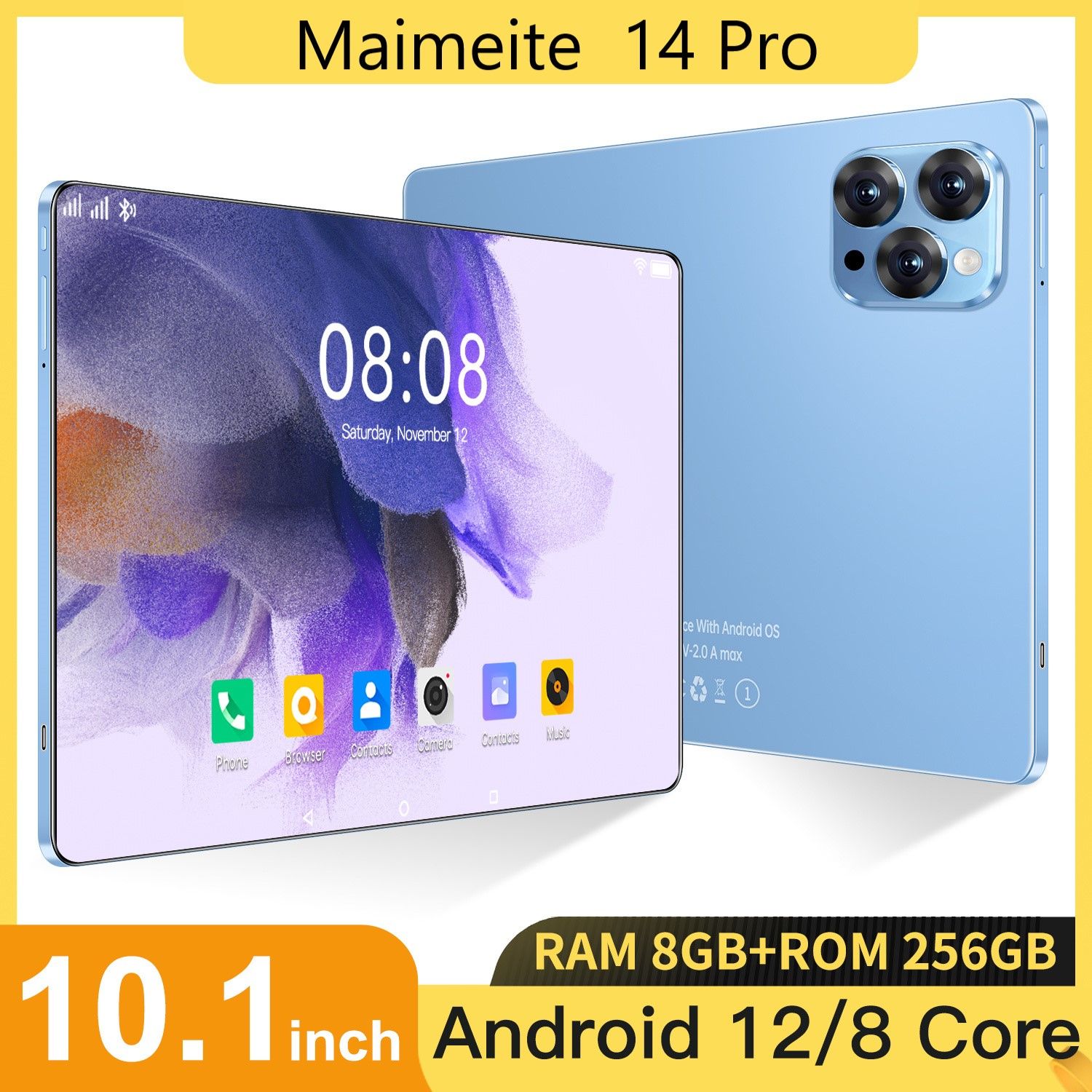 MAIMEITE Планшет Андроид-14 PRO，8+256 ГБ，10,1 дюйма, 10.1" 256 ГБ/8 ГБ, голубой