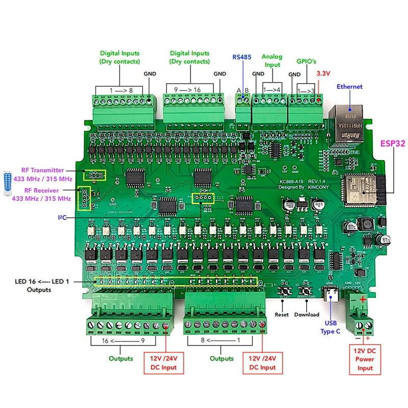 ESP32 Kincony KC868-A16 PLC WIFI LAN100 для Умного дома