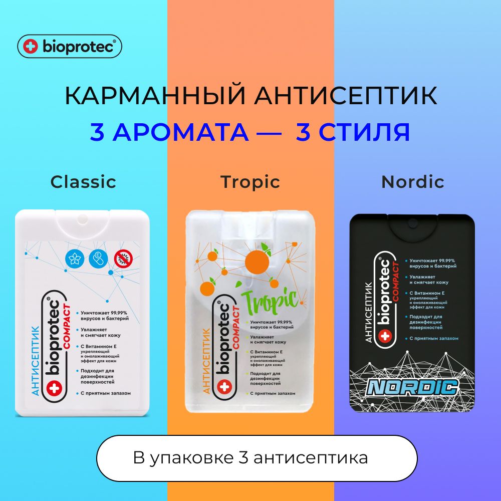 КарманныйантисептикспрейдлярукBioprotec3штClassicTropicNordic/Спрейдлярук