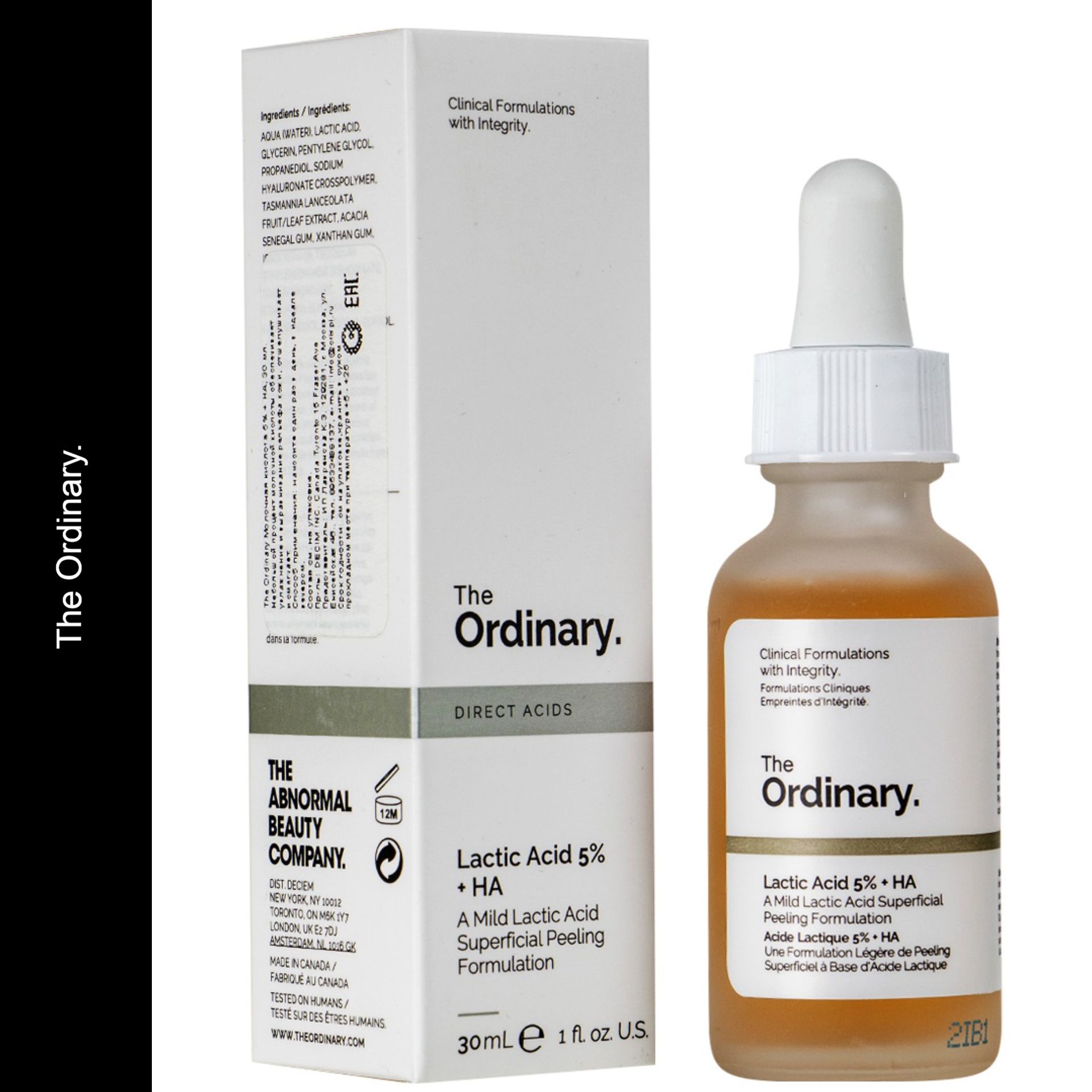 Сыворотка-пилинг для лица Lactic Acid 5% + HA The Ordinary, объём 30 мл, с молочной кислотой обеспечивает мягкое отшелушивание и выравнивает тон лица