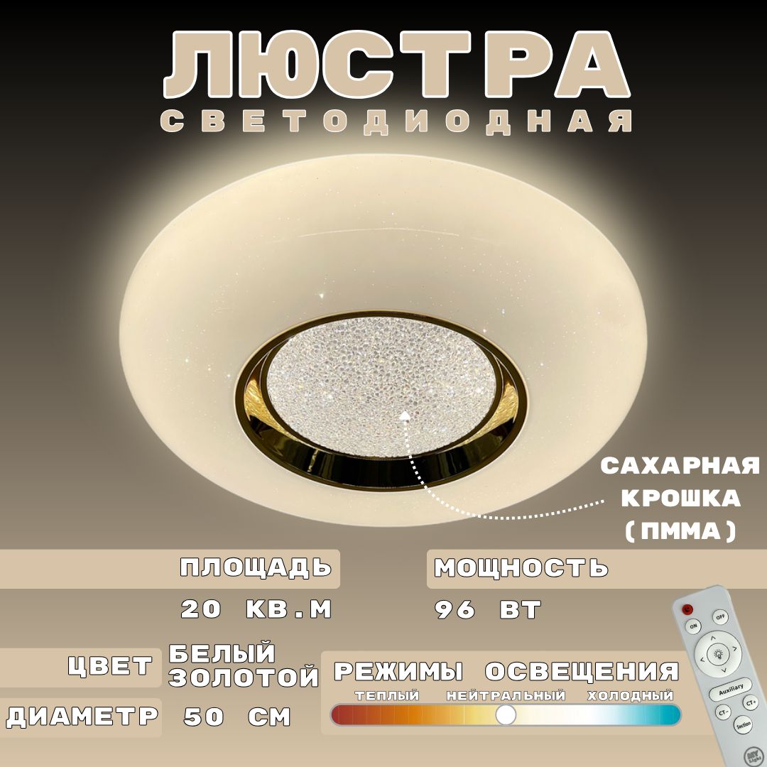 ПотолочнаясветодиоднаялюстраMyLightсэффектомсахарнойкрошки,96W,круглая,белаясзолотым,спультомуправления,длявсехвидовпотолков,LEDсветильник18422-3