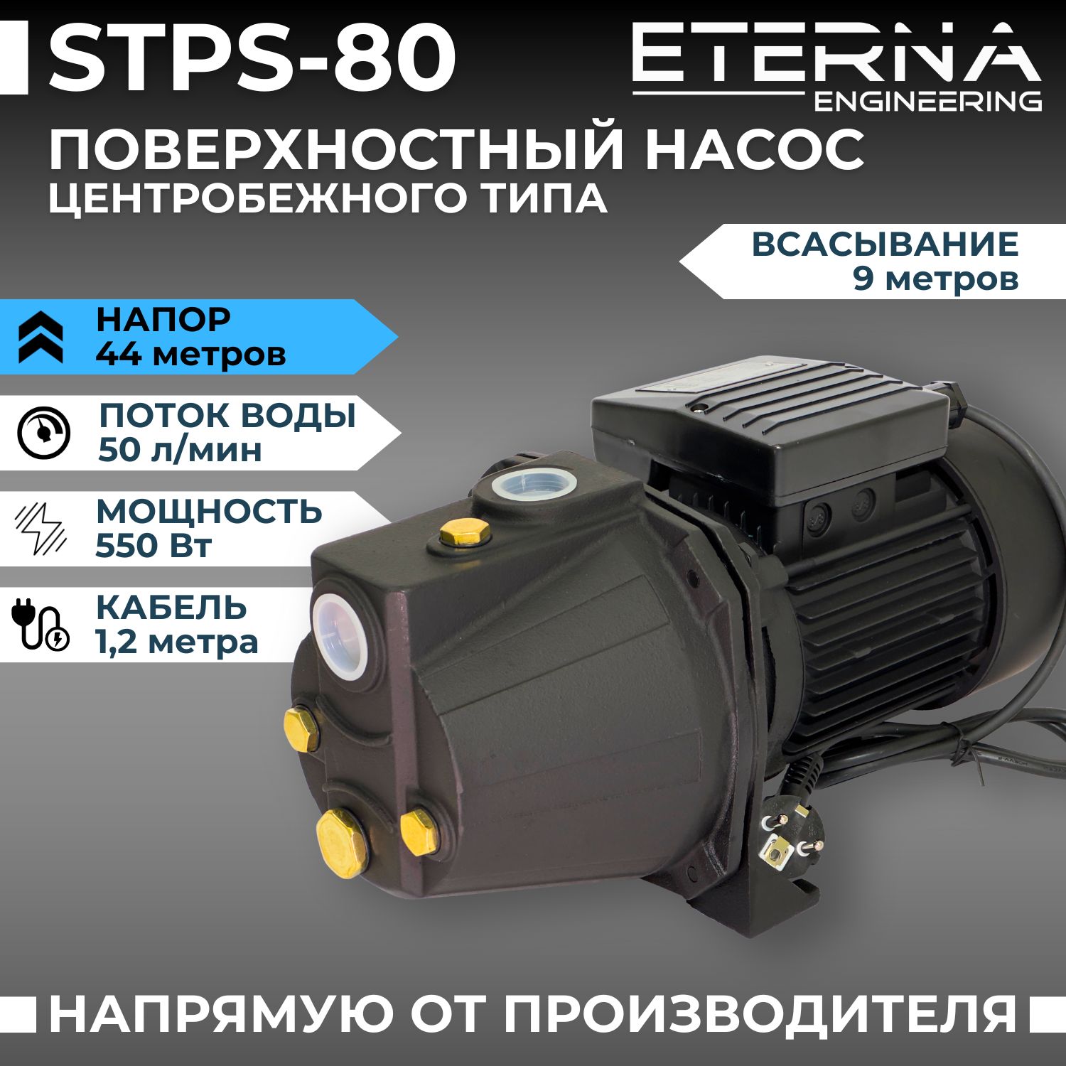 Насос поверхностный садовый самовсасывающий центробежный ETERNA STPS-80 (550 Вт, напор 44 м, 50 л/мин)