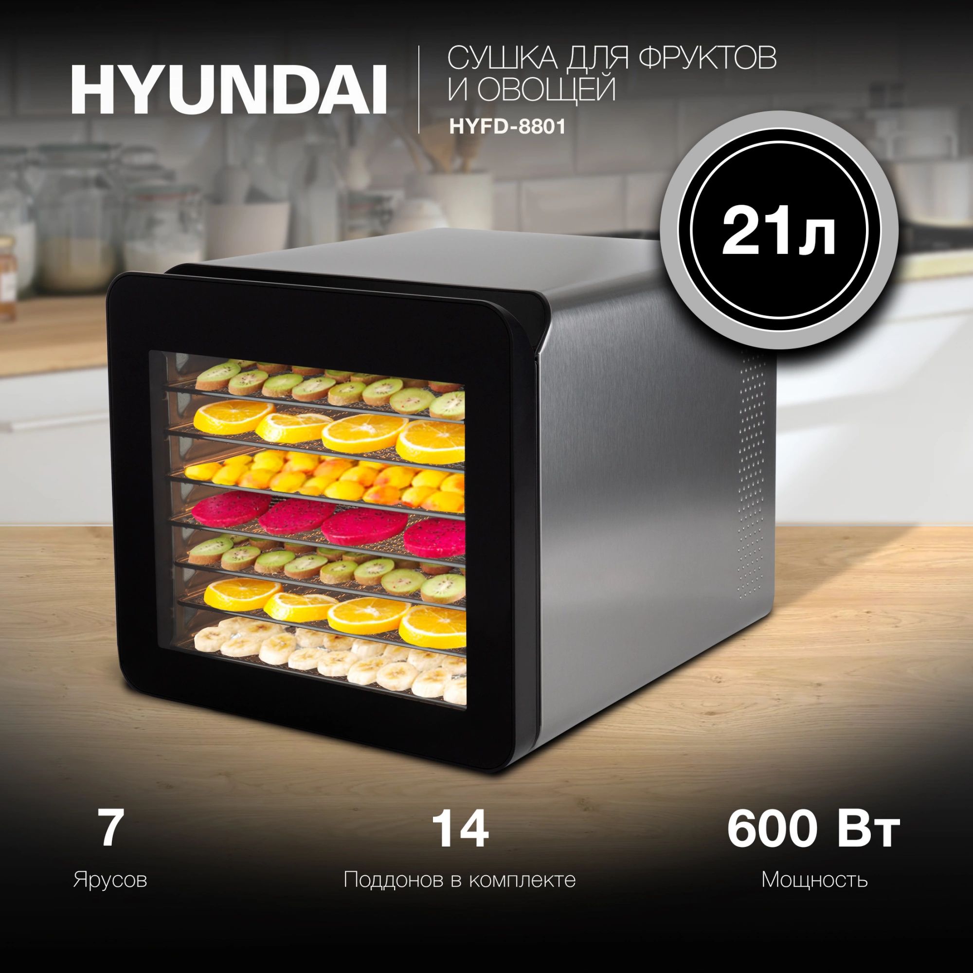 Сушка для фруктов и овощей Hyundai HYFD-8801 серебристый-черный