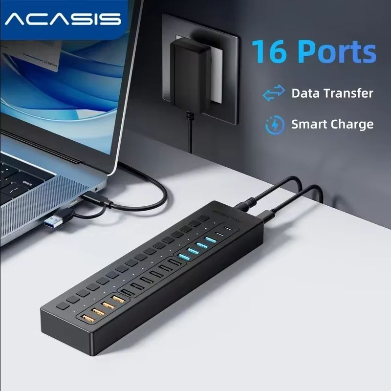 USB 3.0 USB-концентратор с питанием, ACASIS 16-портовый USB-концентратор с адаптером питания 60 Вт, настенное крепление для ноутбуков