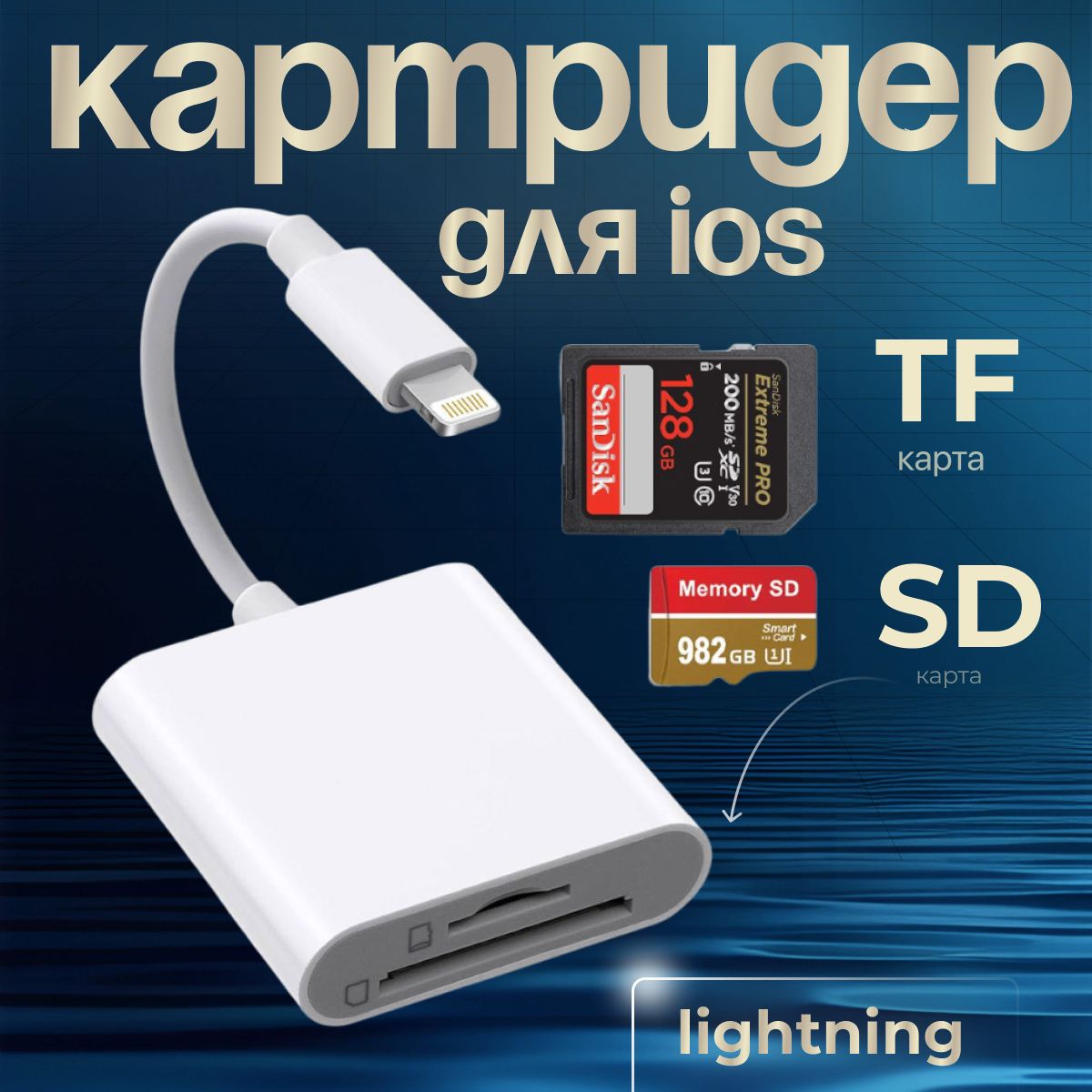 Картридер для iOS устройств 8 pin lightning - SD/MicroSD/TF мини универсальный, внешний, для переноса фото; файлов