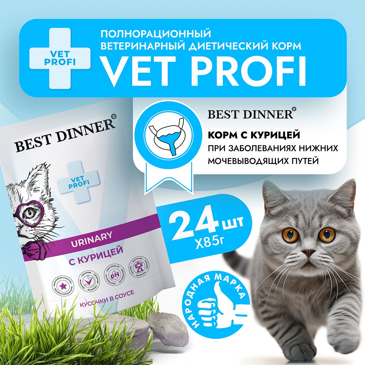 Влажный диетический корм для кошек Best Dinner VET PROFI Urinary кусочки в соусе Курица, 85 г х 24 шт при мочекаменной болезни, пауч (Бест Диннер)