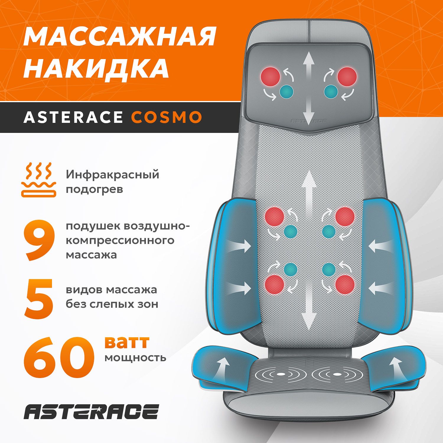 Массажная накидка с подогревом на кресло и сиденье автомобиля Asterace COSMO электрическая