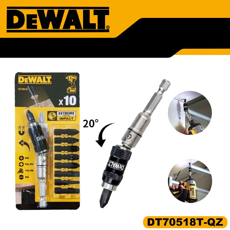 DEWALT Поворотный держатель бит, Набор бит, Поворотный держатель наконечника для экстремальных ударов, 10 предметов, DT70518-QZ