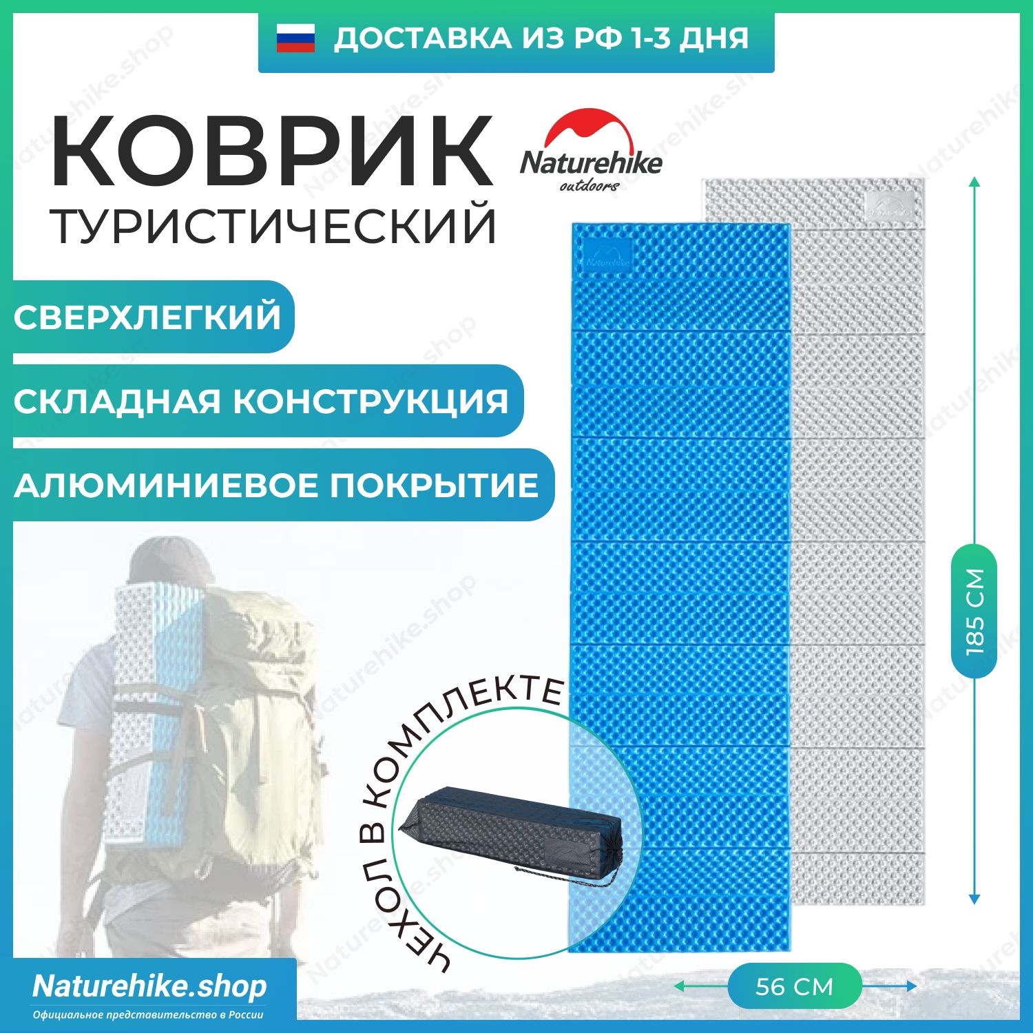 Туристический коврик каремат Naturehike / 185 х 56 см, R 1.8 / светло-синий, single egg nest folding mat, NH19QD008, складной коврик