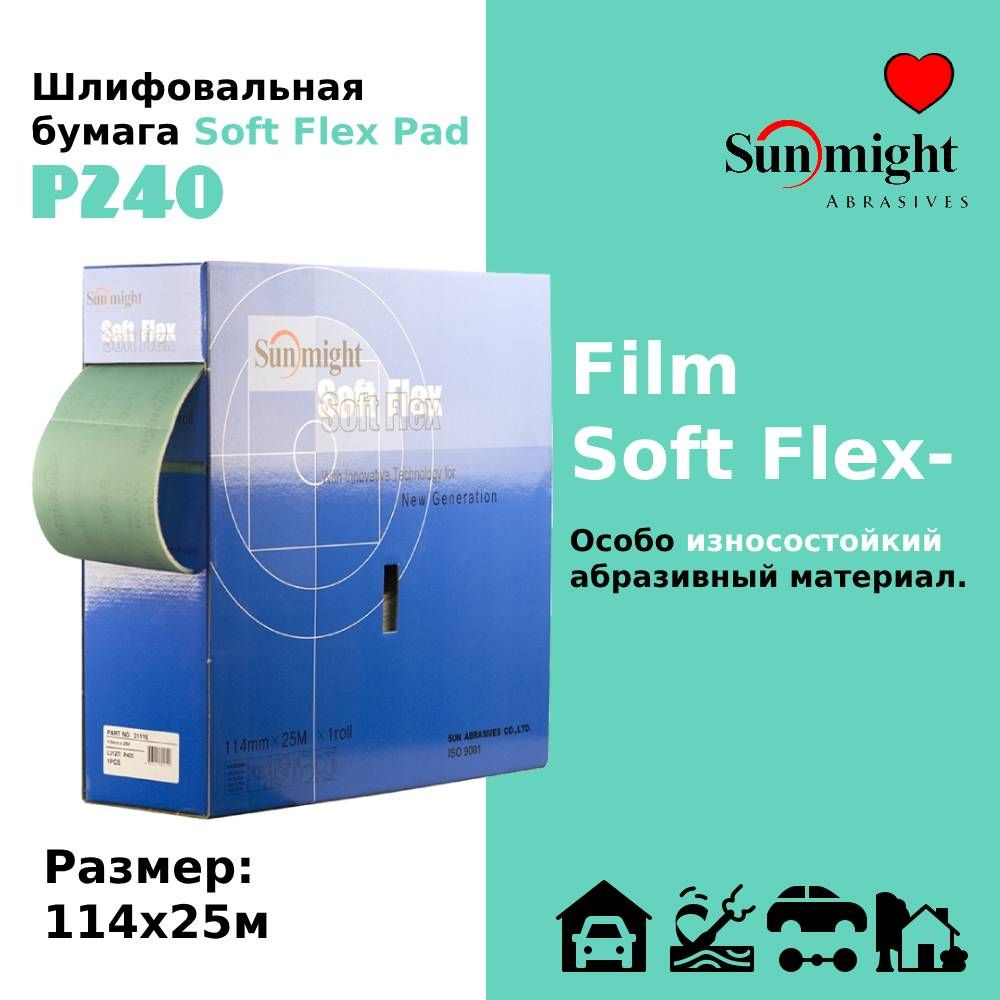 ШлифовальнаябумагаSunmight(Санмайт)FILML312TSoftFlexPad,размер:рулонперфорированный114ммх25м,(Перфорация:114х125мм-200полосок),зерноP240