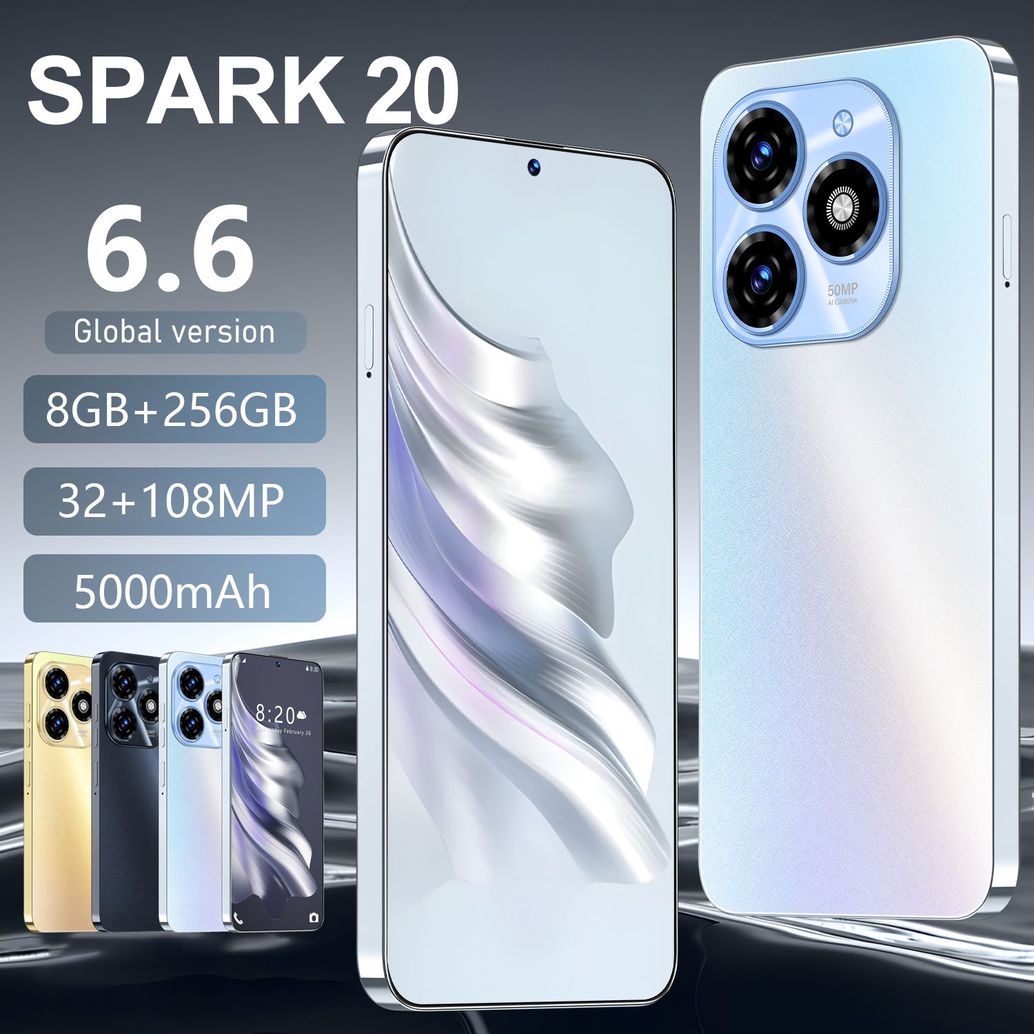 СмартфонTECNOSpark20Ростест(EAC)8/256ГБ,белый