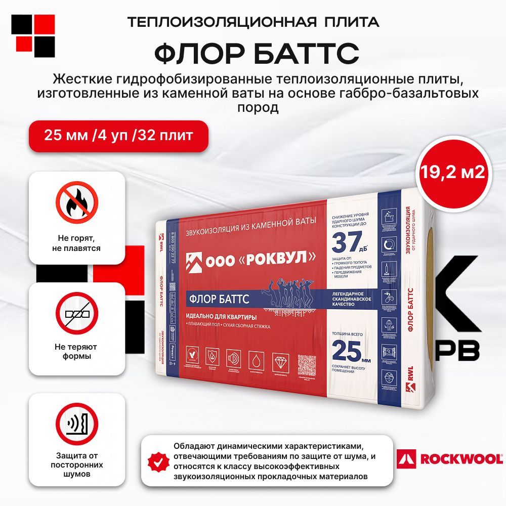 Rockwool Флор Баттс 25мм (4 уп /32 плиты /19,2 м2 ) утеплитель для балкона/лоджии, для пола, для фундамента/цоколя