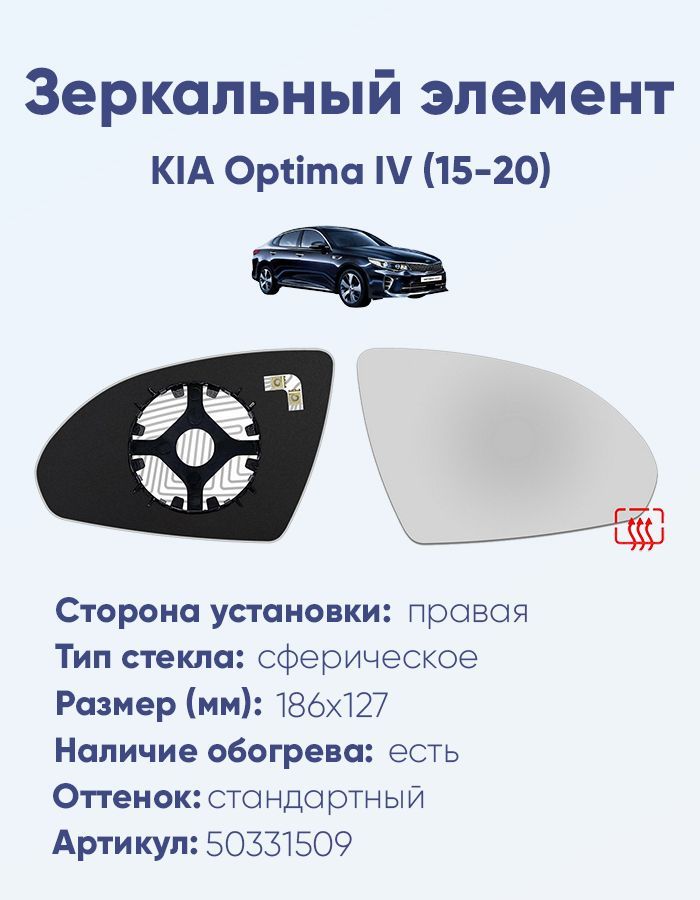 Зеркальный элемент правый KIA Optima IV (15-20) сфера нейтральный с обогревом