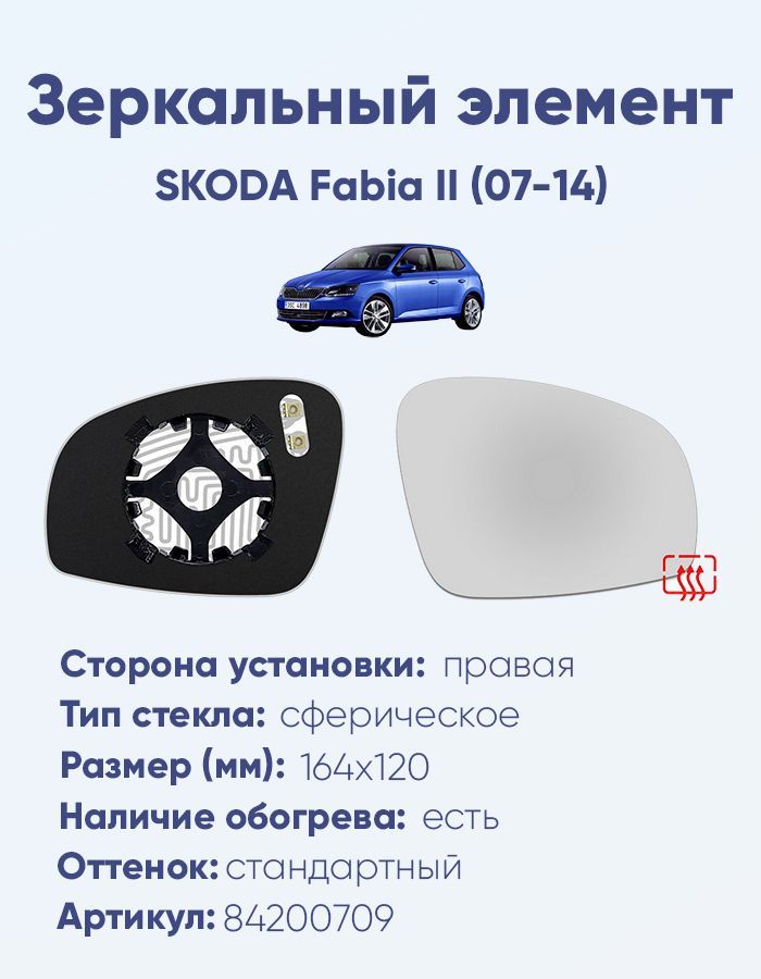 Зеркальный элемент правый SKODA Fabia II (07-14) сфера нейтральный с обогревом