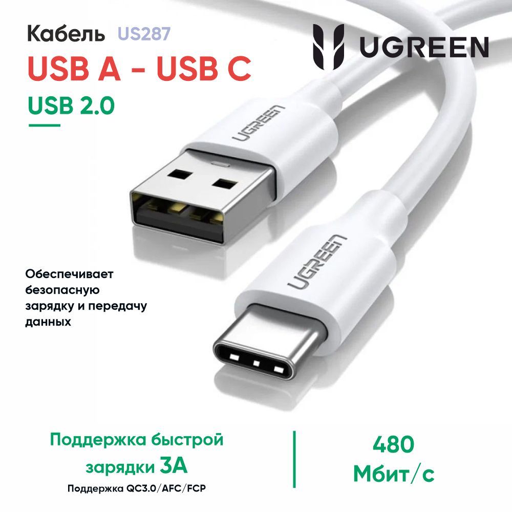 КабельUGREENUS287(60121)USB-A2.0toUSB-CCableNickelPlating.Длина1м.Цвет:белый