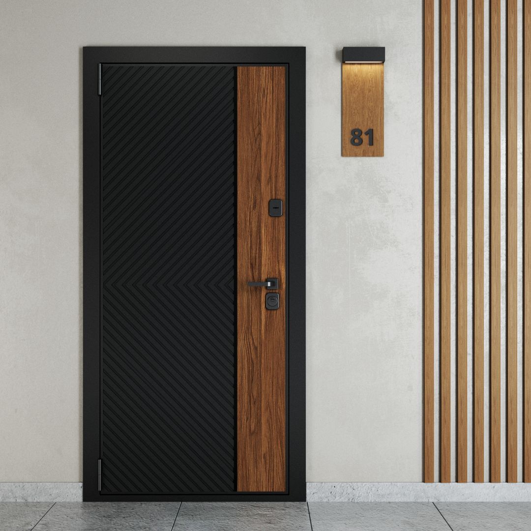 Дверь входная квартирная панель-косая рейка-дерево, акрил, фрезерованная, черный шелк, левая 926х2016