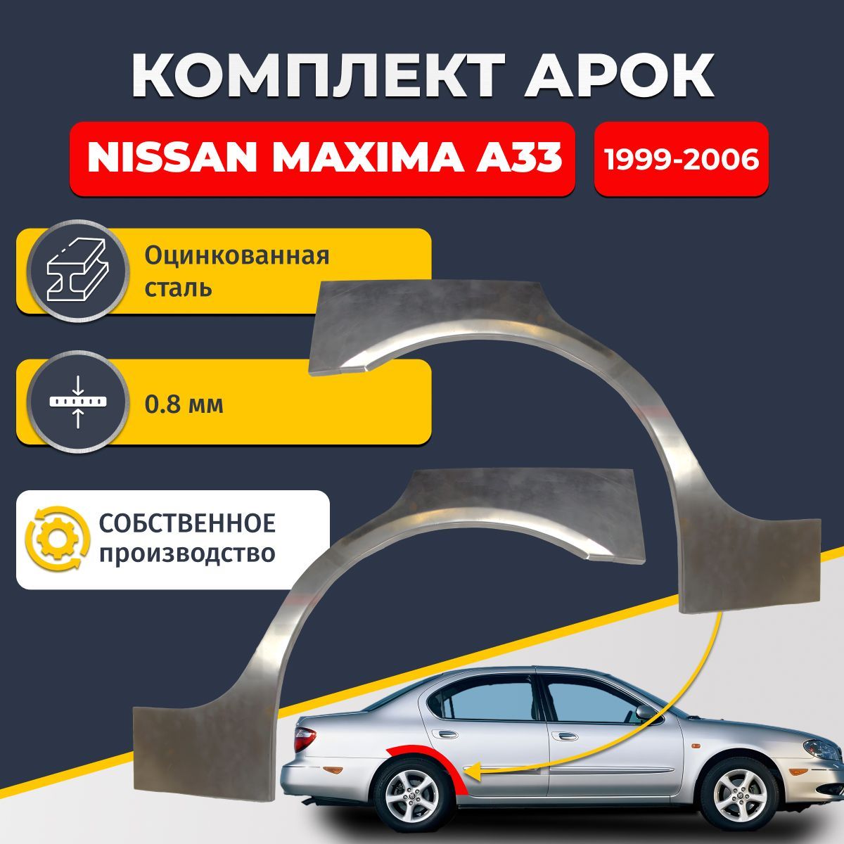 Комплект задних ремонтных арок для автомобиля (2 шт.), Nissan Maxima A33 1999-2006 (Ниссан Максима А33). Оцинкованная сталь 0,8 мм.