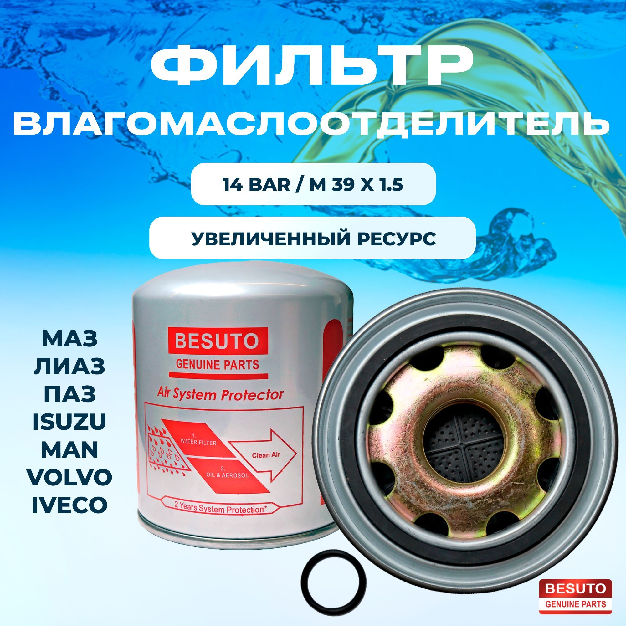 Фильтр влагомаслоотделитель BESUTO (14 Bar/M39x1.5) BS7010-209 4329012232 для MAN, DAF, IVECO, VOLVO, КАМАЗ, MERCEDES, SCANIA