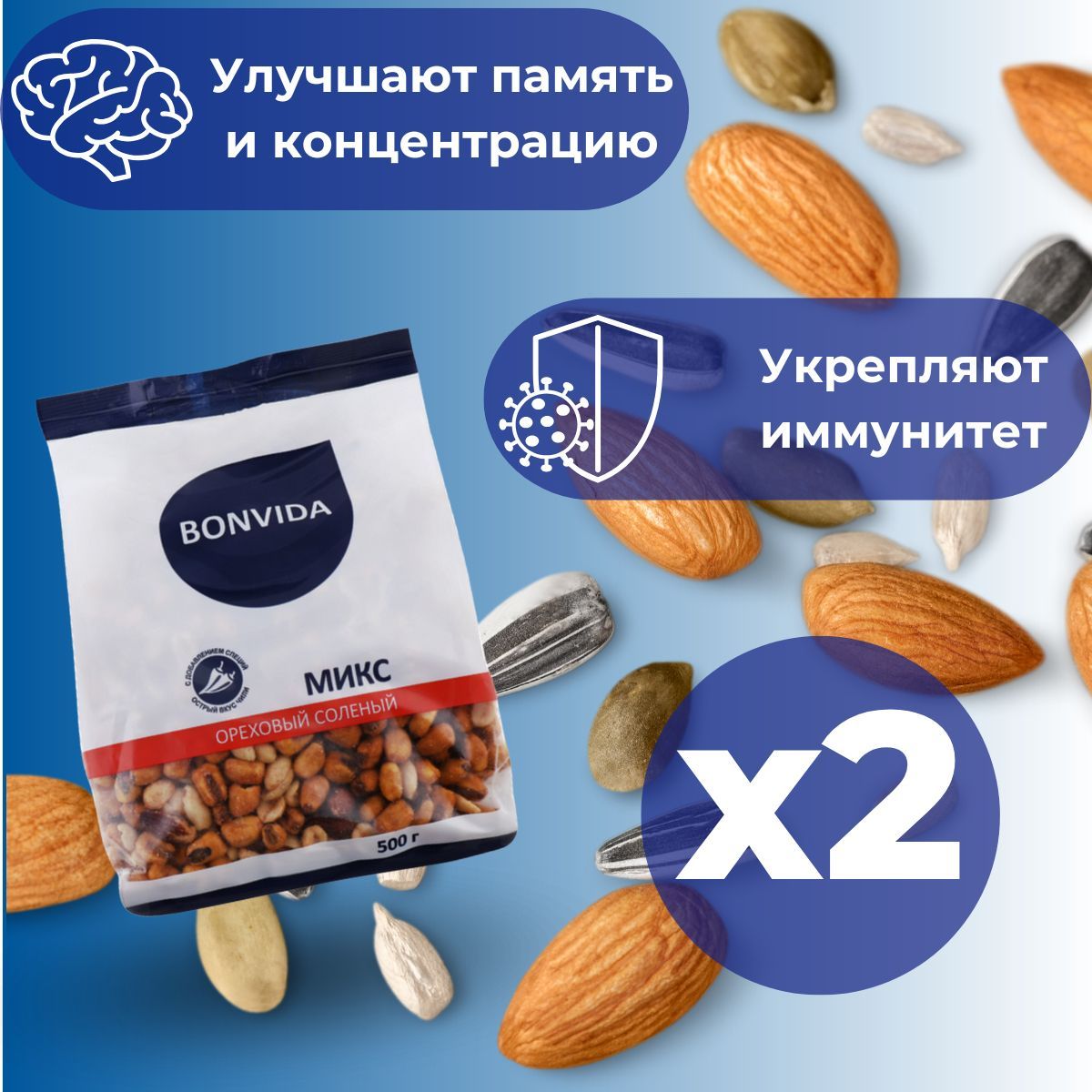 2 ШТ. BONVIDA Микс ореховый соленый со вкусом чили, 500г