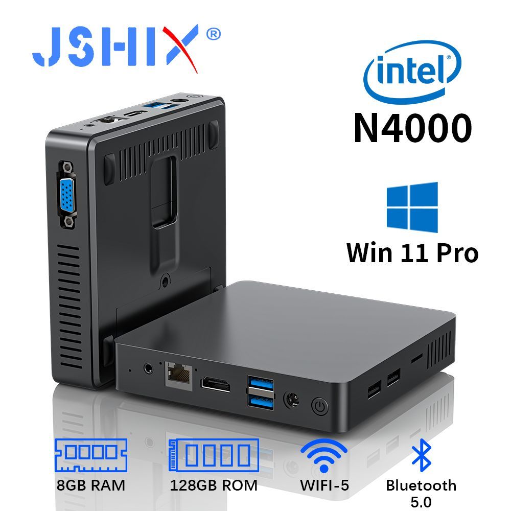 JSHIX Мини-ПК M8-H06 (Intel Celeron N4000, RAM 8 ГБ, SSD 128 ГБ, Intel UHD Graphics 600, Windows 11 Pro), черный