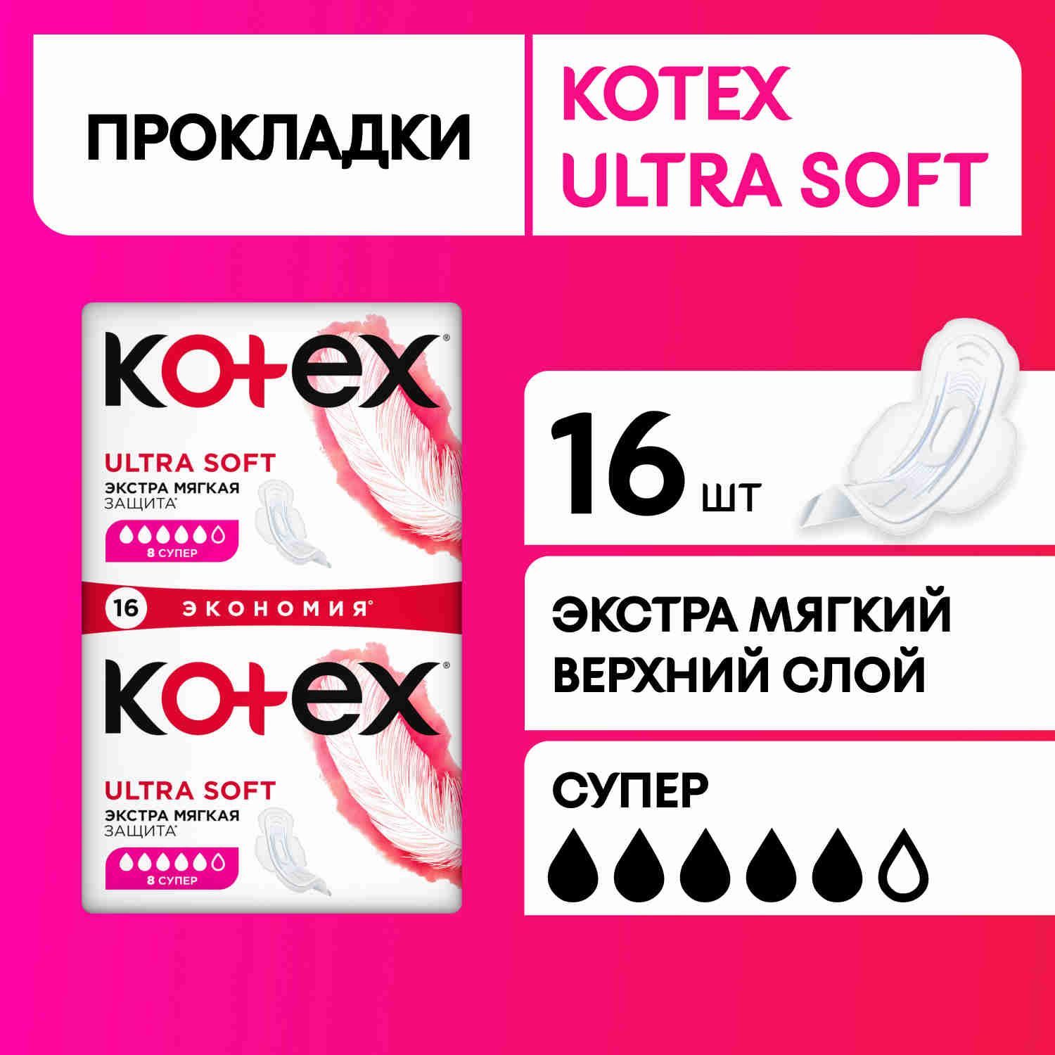 ПрокладкиженскиеKotexUltraSoftСупергигиенические,16шт