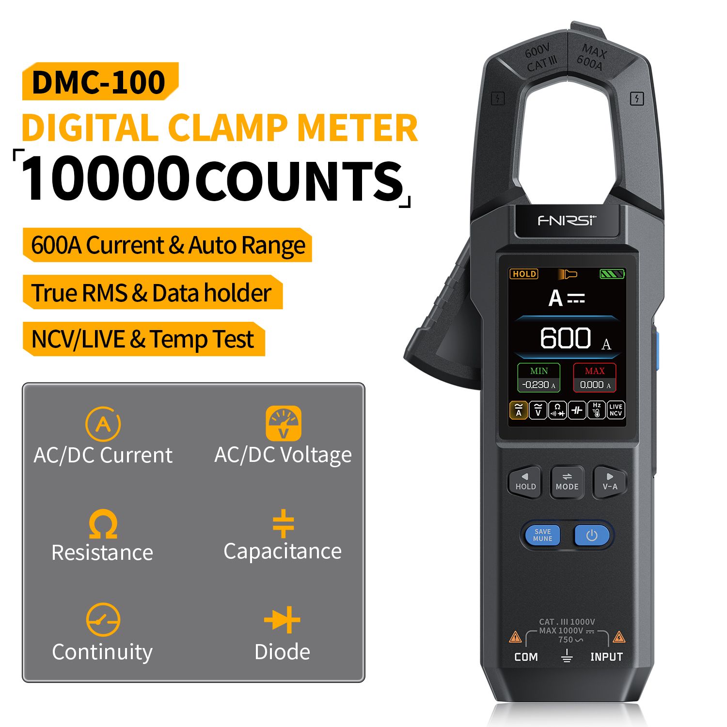 ИзмерительныеклещипостоянногоипеременноготокаFNIRSIDMC-100,цифровоймультиметрна10000отсчетов,клещиамперметрана600А,инструментыэлектрика