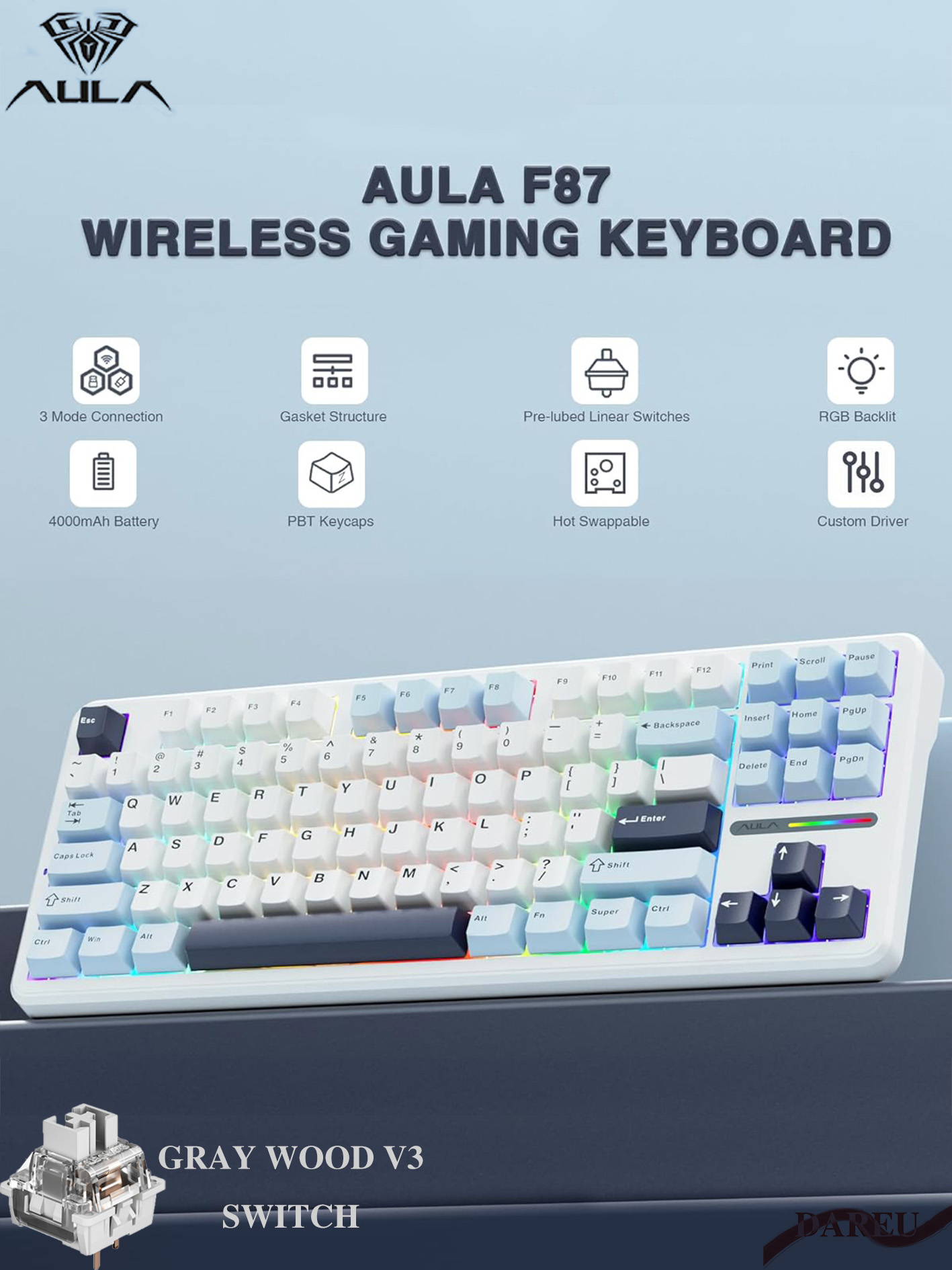AULAИгроваяклавиатурабеспроводнаяAULAF87механическаяклавиатура,80%беспроводнаяигроваяклавиатурасгорячейвставкой,спятислойнойпрокладкой,Bluetooth/2.4GHz/USB-C,(GRAYWOODV3SWITCH),стикерысрусскойраскладкой,голубой,черный