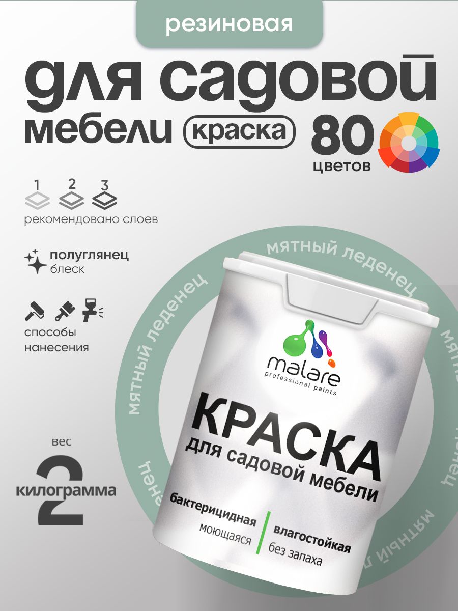 Резиновая краска Malare для садовой мебели/ по дереву, для наружных и внутренних работ/ быстросохнущая моющаяся без запаха полуглянцевая, мятный леденец, 2 кг