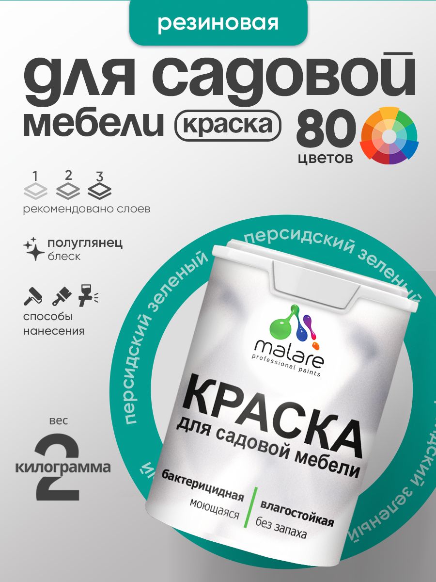 Резиновая краска Malare для садовой мебели/ по дереву, для наружных и внутренних работ/ быстросохнущая моющаяся без запаха полуглянцевая, персидский зеленый, 2 кг