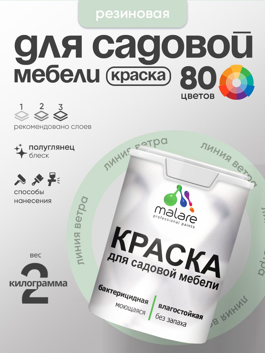 Резиновая краска Malare для садовой мебели/ по дереву, для наружных и внутренних работ/ быстросохнущая моющаяся без запаха полуглянцевая, линия ветра, 2 кг