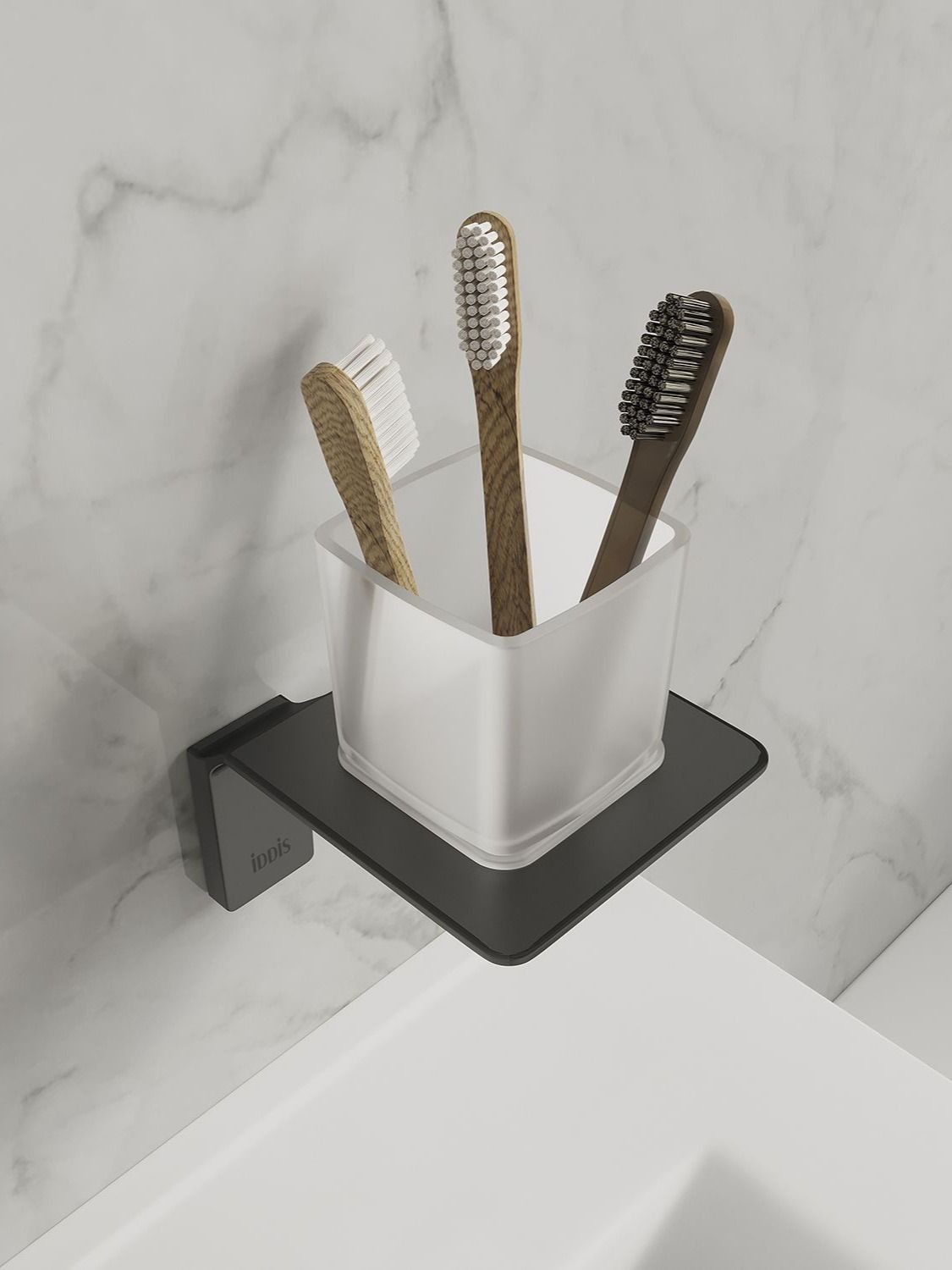 Фото товара на маркетплейсе ozon Стакан для зубных щеток IDDIS, настенный, черный, матовое стекло, сплав металлов, Slide, SLIBSG1i45