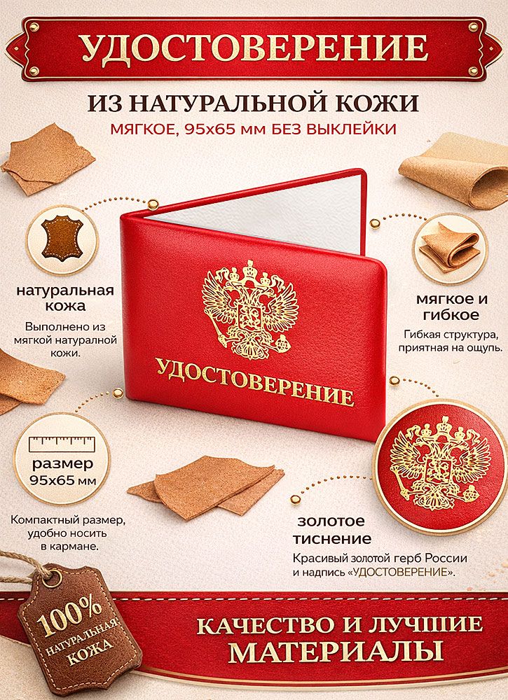 Удостоверение красное из натуральной кожи, мягкое, скругленные углы, без выклейки