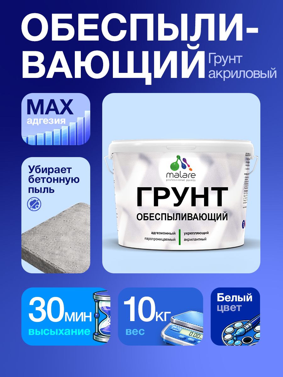 Грунт обеспыливающий Malare акриловый адгезионный универсальная, без запаха быстросохнущий, белый, 10 кг.