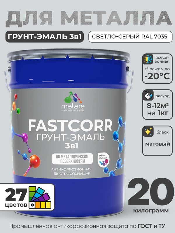 Грунт-эмаль по ржавчине 3 в 1 Malare FastCorr краска для металла, антикоррозионная износостойкая быстросохнущая RAL 7035, светло-серый, матовая, 20 кг.