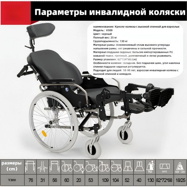 Характеристики Кресло-коляска с ручным управлением, черное, V300 ...