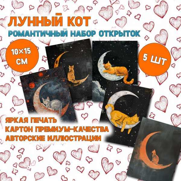 Лунный кот: набор из 5 романтичных открыток для посткроссинга, добрые и ...