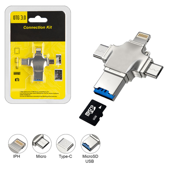 Переходник OTG 3.0 (iPh+Micro+Type-C+MicroSD) серебро - купить с ...