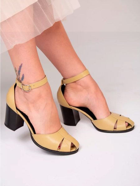 Босоножки Женский MD shoes company горчичный Толстый каблук Натуральная ...