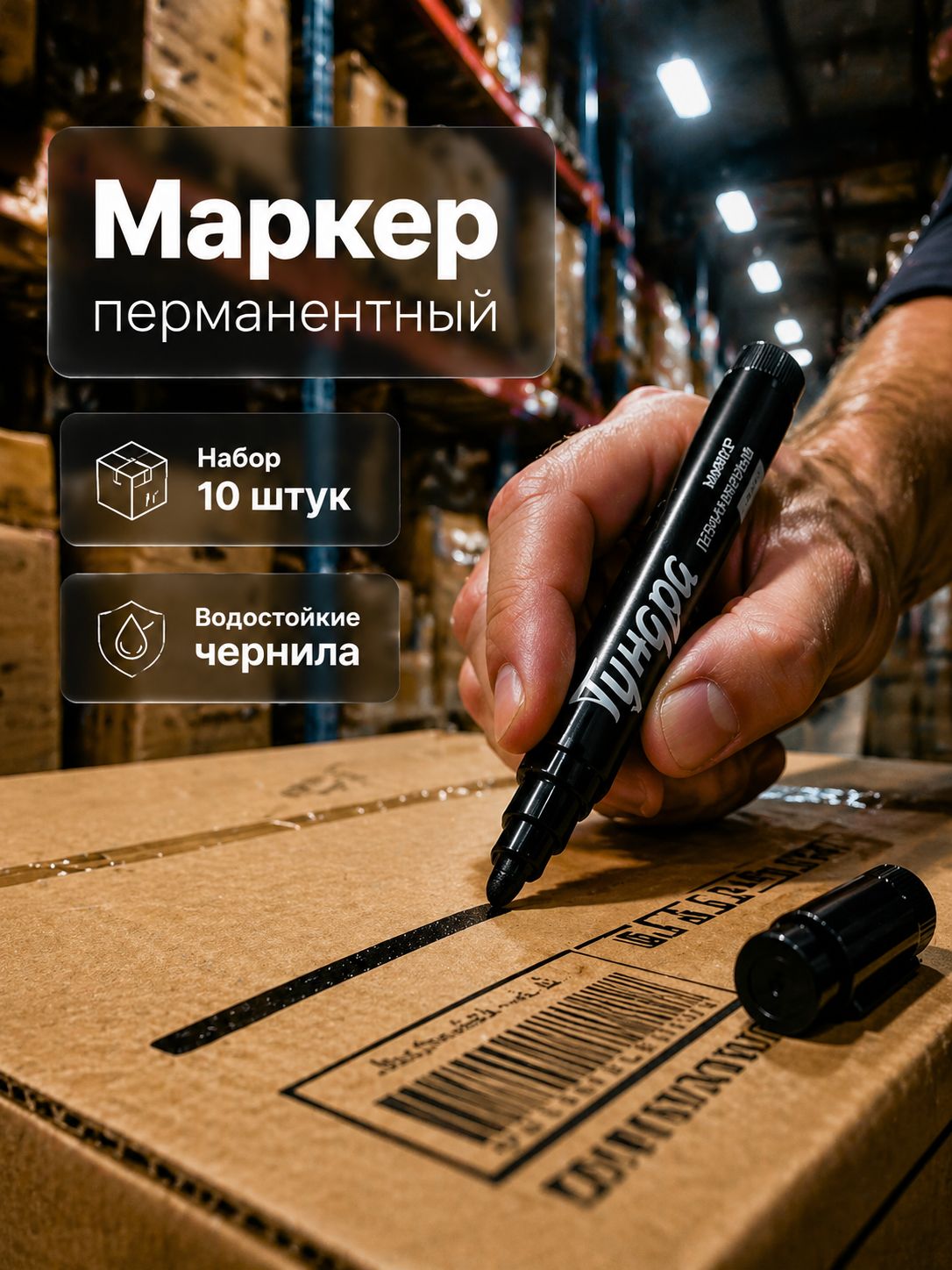 Маркер перманентный черный 3 мм ТУНДРА, водостойкий, набор 10 шт