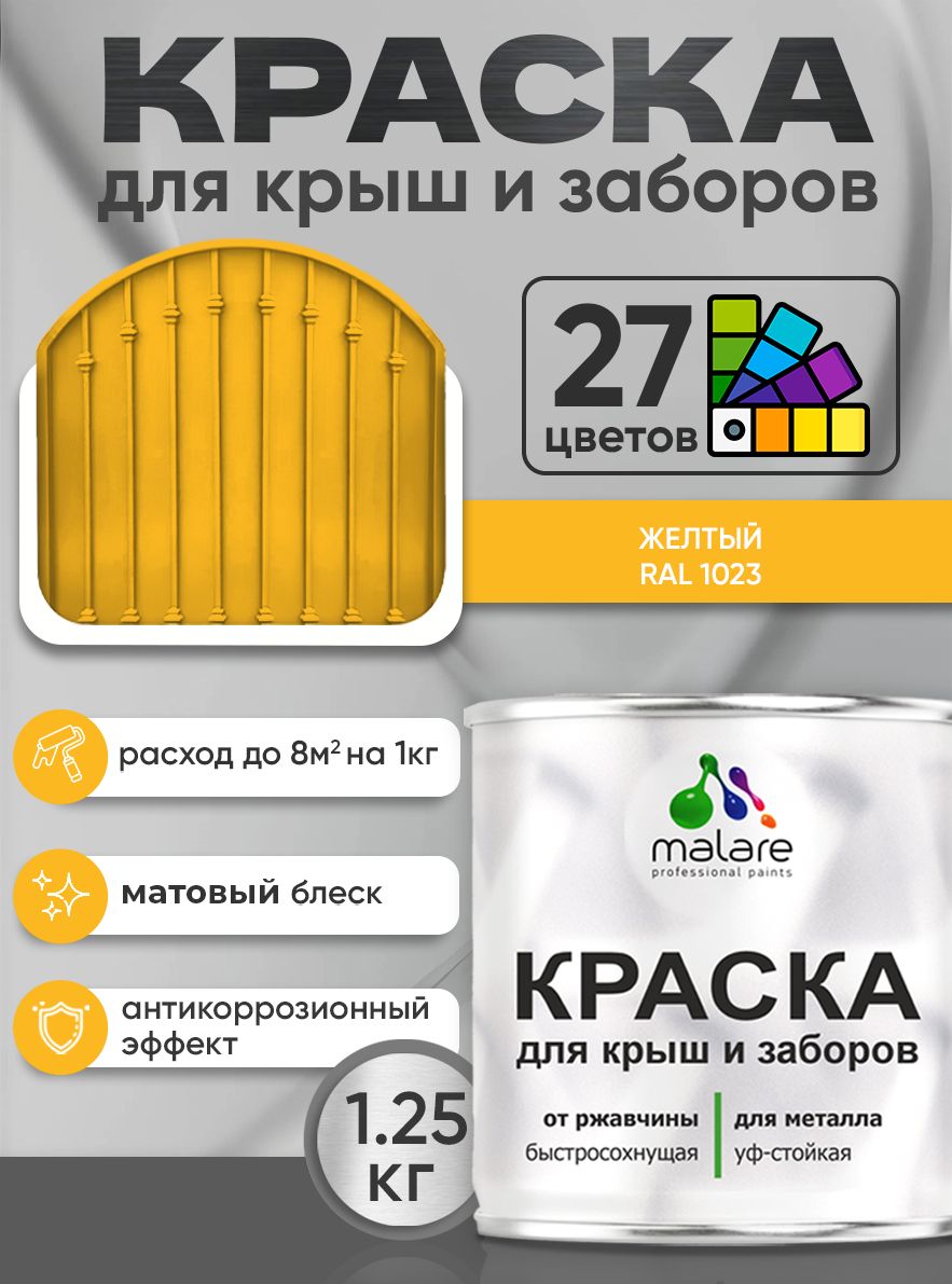 Краска по металлу Malare для крыш и заборов по ржавчине, для наружных работ, быстросохнущая износостойкая RAL 1023 желтый, матовая, 1,25 кг