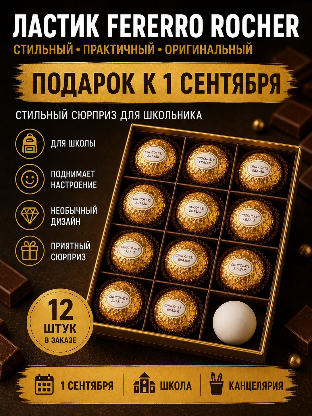 Уникальный подарок. Ластик-шар в виде шоколадной конфеты, 12 шт.