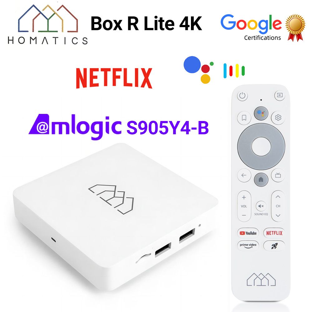 HomaticsМедиаплеерHOMATICSBoxRLite4KтвприставкаGoogle&NetflixСертификацияподдержкаDolbyAtmosAndroidбоксAndroid,2ГБ/32ГБ,Bluetooth,Wi-Fi,белый