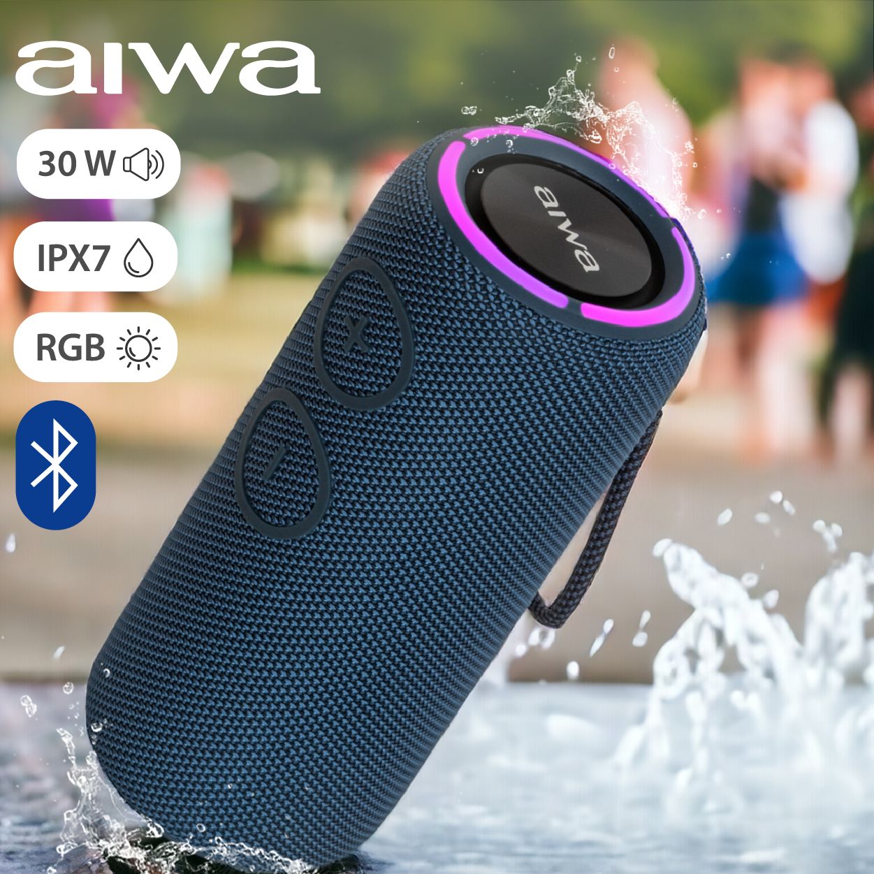 Беспроводная колонка AIWA с влагозащитой PAS-H300 dark blue с Bluetooth, AUX, TF-card и TWS, с RGB подсветкой, 30 Вт