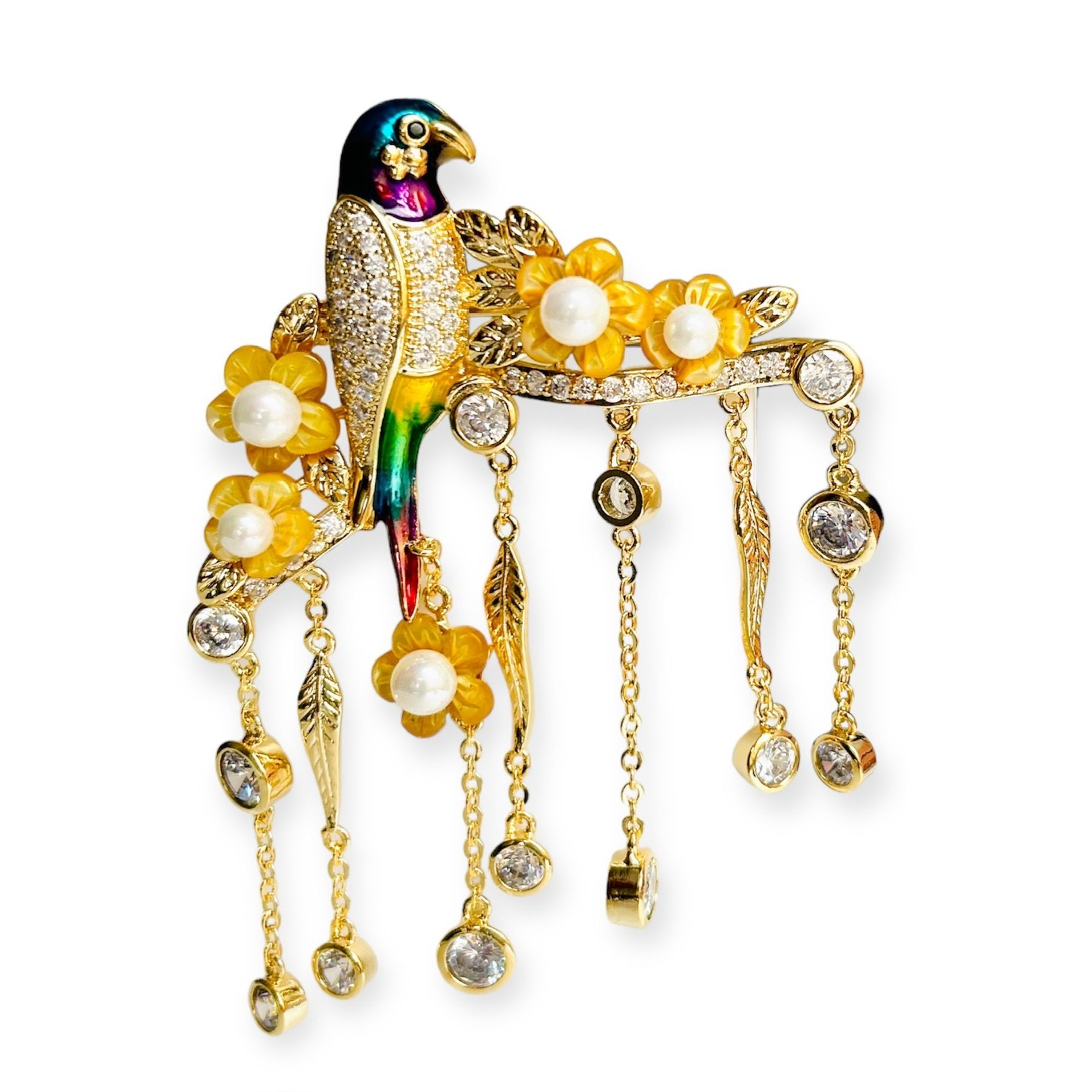 Брошь Премиальная с Подвесками "Восхитительная Золотистая Птичка с Эмалью на Веточке Усыпанная Сверкающими Кубическими Цирконами с Цветочками из Натурального Резного Медового Перламутра"