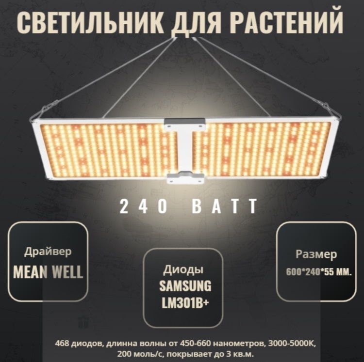 Светильник для растений/ SL 2000/301B/квантум борд/ Samsung LM-301B , 240 ватт, Mean Well, 468 Led. 5000К, 450-660 нм/фитолампа.