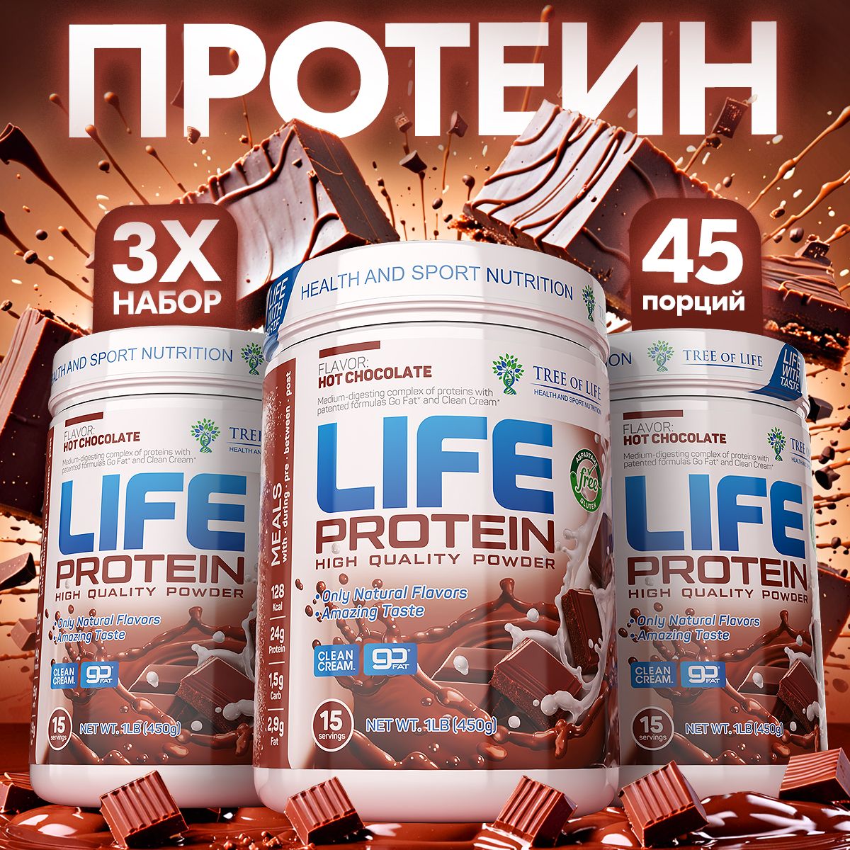 Наборпротеиновссывороточнымизолятом.МногокомпонентныйЛайфLifeProtein.ВкусныйбелковыйкоктейльвкусШоколад,3банкипо450гр.