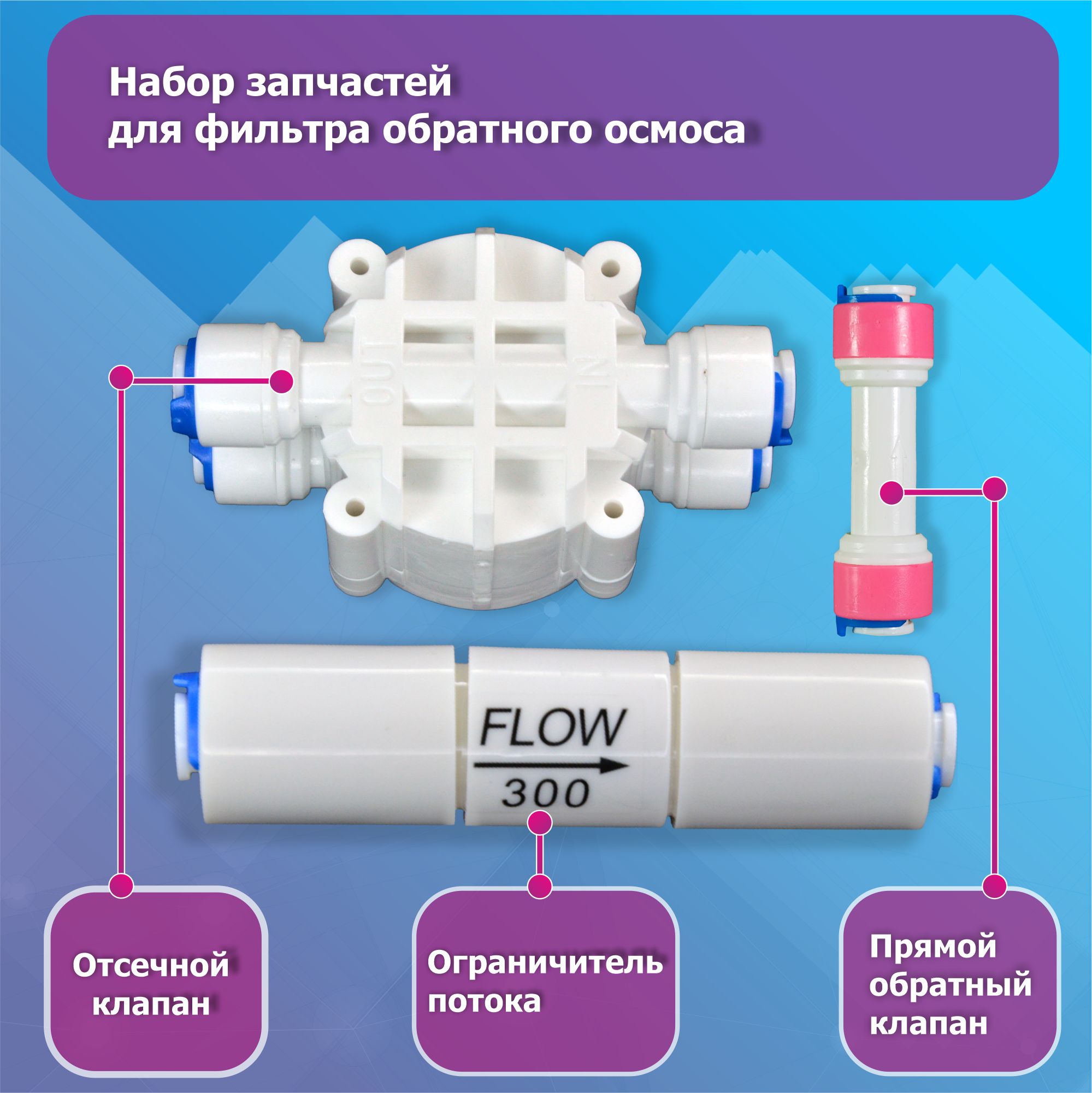 Набор запчастей для фильтра обратного осмоса (отсечной клапан, обратный клапан, ограничитель потока)